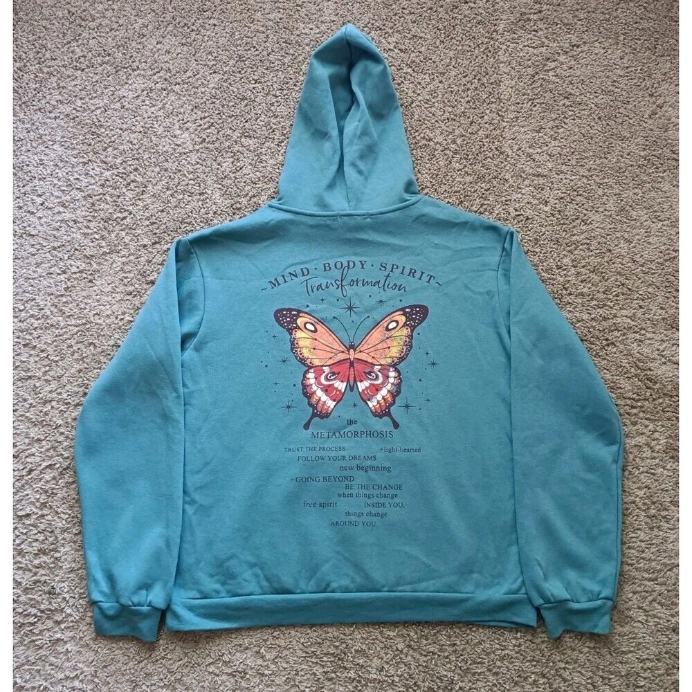 Tillys Butterfly Hoodie Women's Small Green Pullover Front Pocket